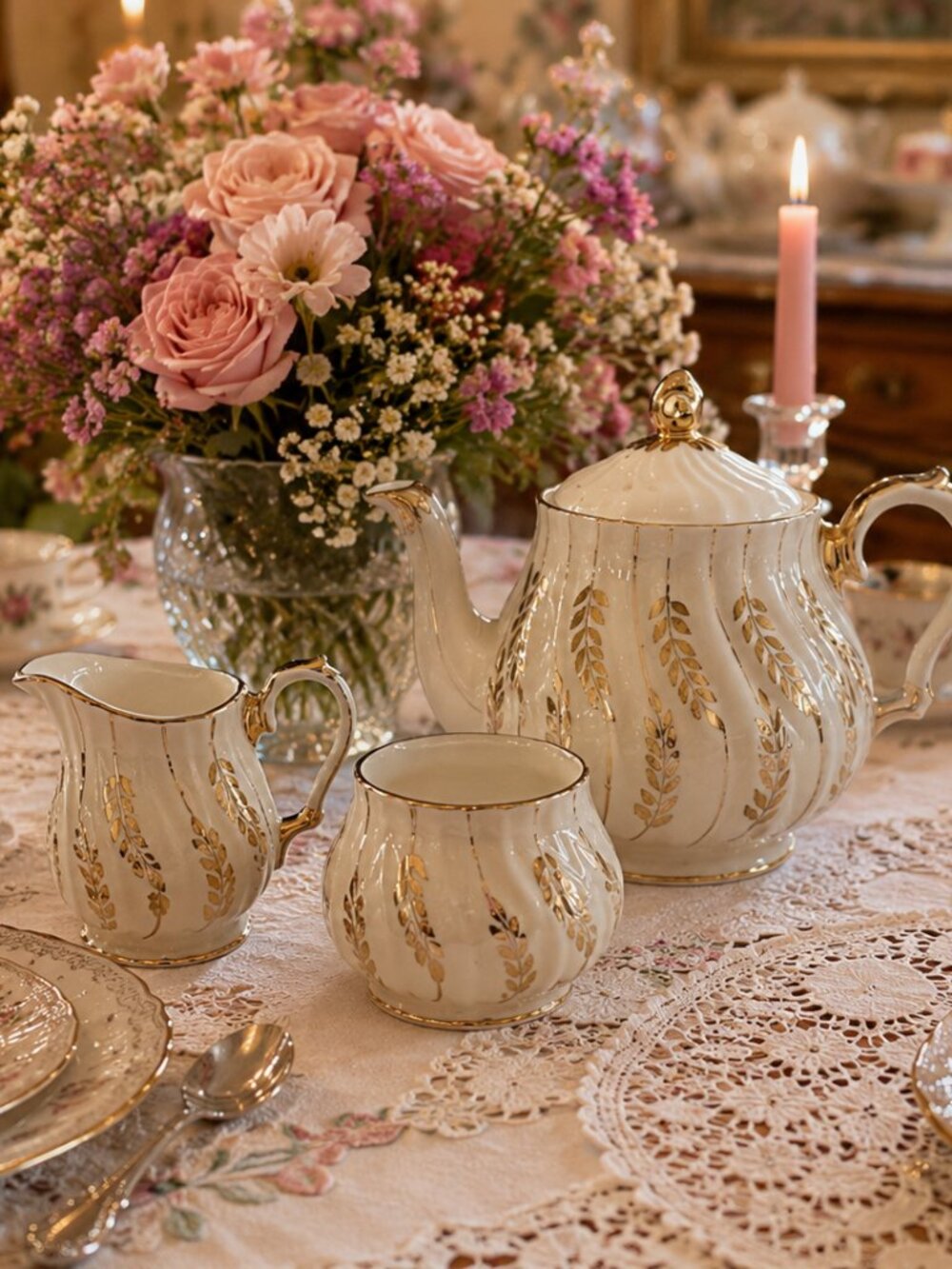 Vintage Sadler Gold Leaf Swirl Design Teapot, Cream and Sugar Set